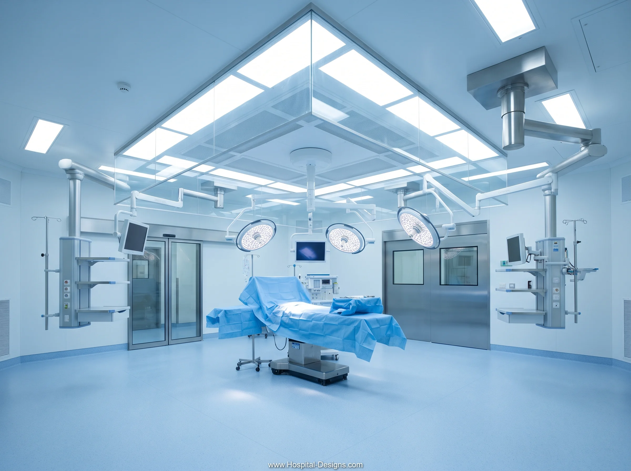 Modern operating theatre with a central operating table, surgical lights and medical service equipment.