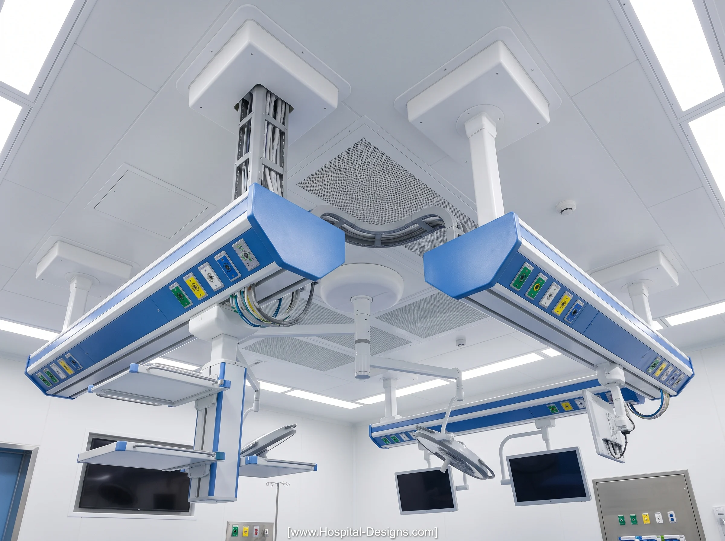 Overhead surgical service pendants arranged to provide medical equipment and utility connections in an operating theatre.